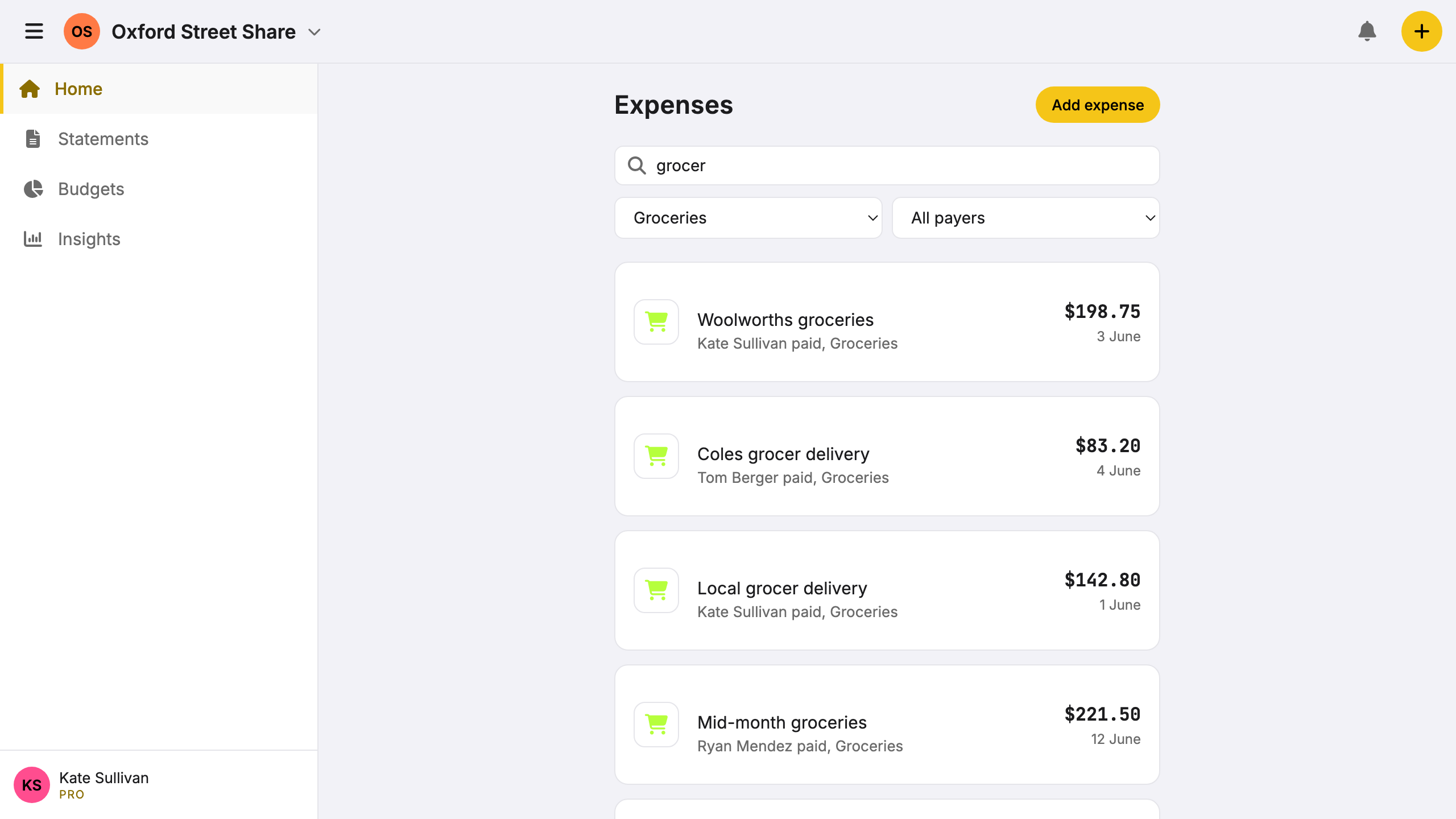 Screenshot: expense list filtered by category.