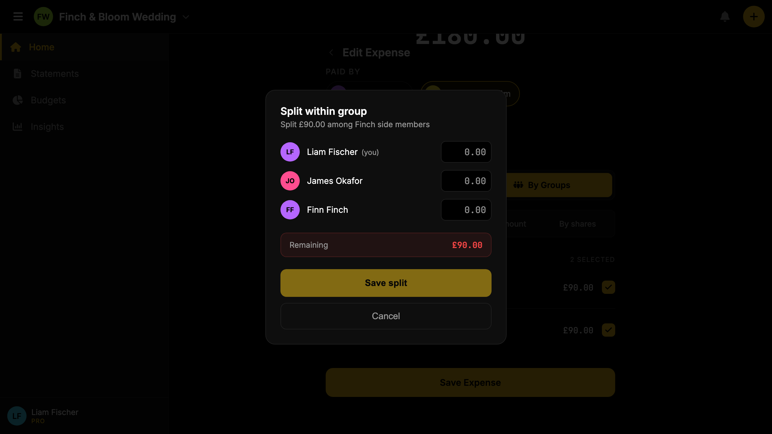 Screenshot: 2-layer split showing household amounts and per-member breakdown.