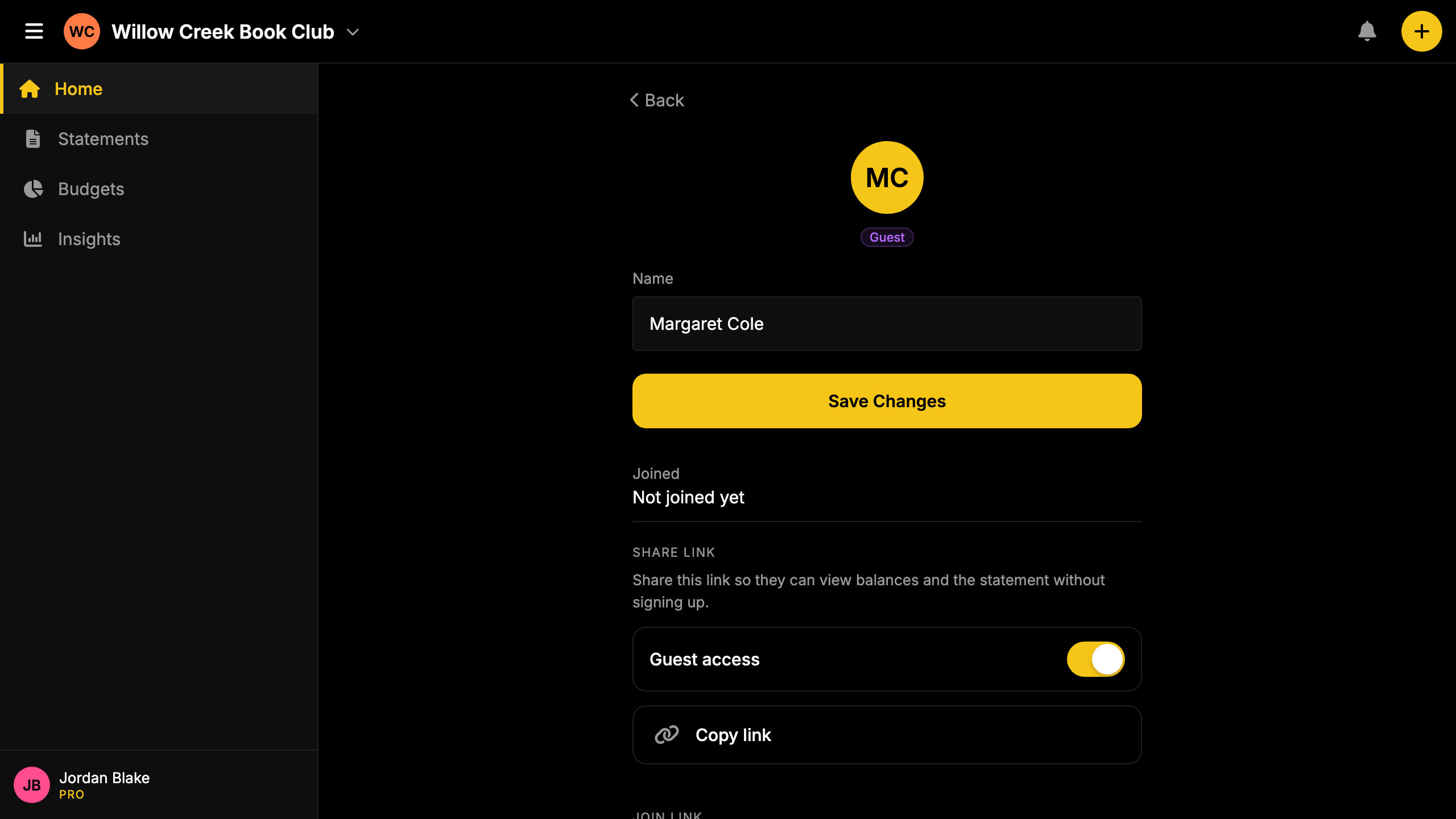 Screenshot: share link dialog with guest access toggle and copy-link button.