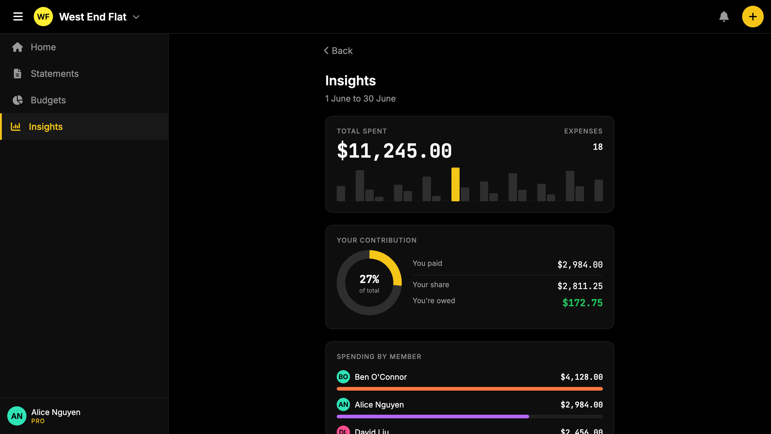 Screenshot: spending chart with category bars and member breakdown toggle.