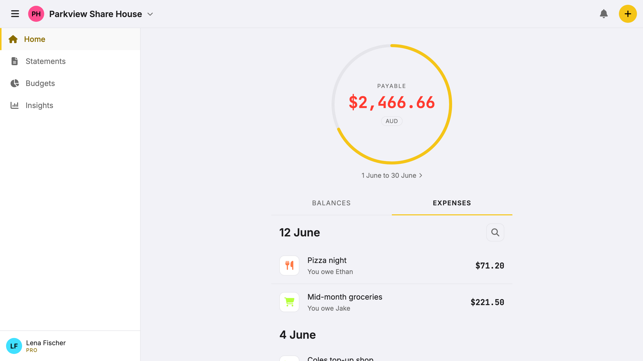 Screenshot: recurring expense form with cadence options and split preview.