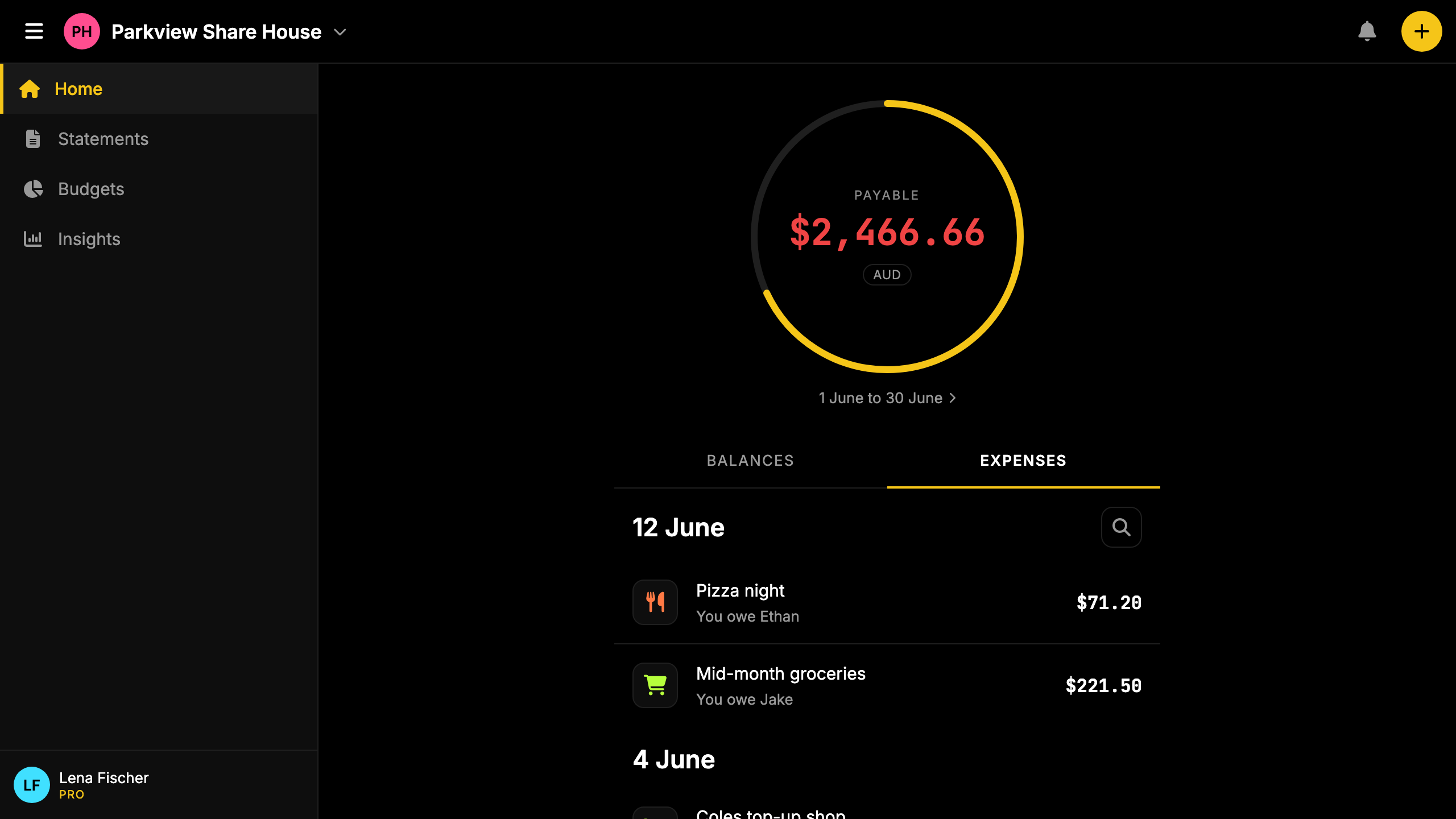 Screenshot: recurring expense form with cadence options and split preview.
