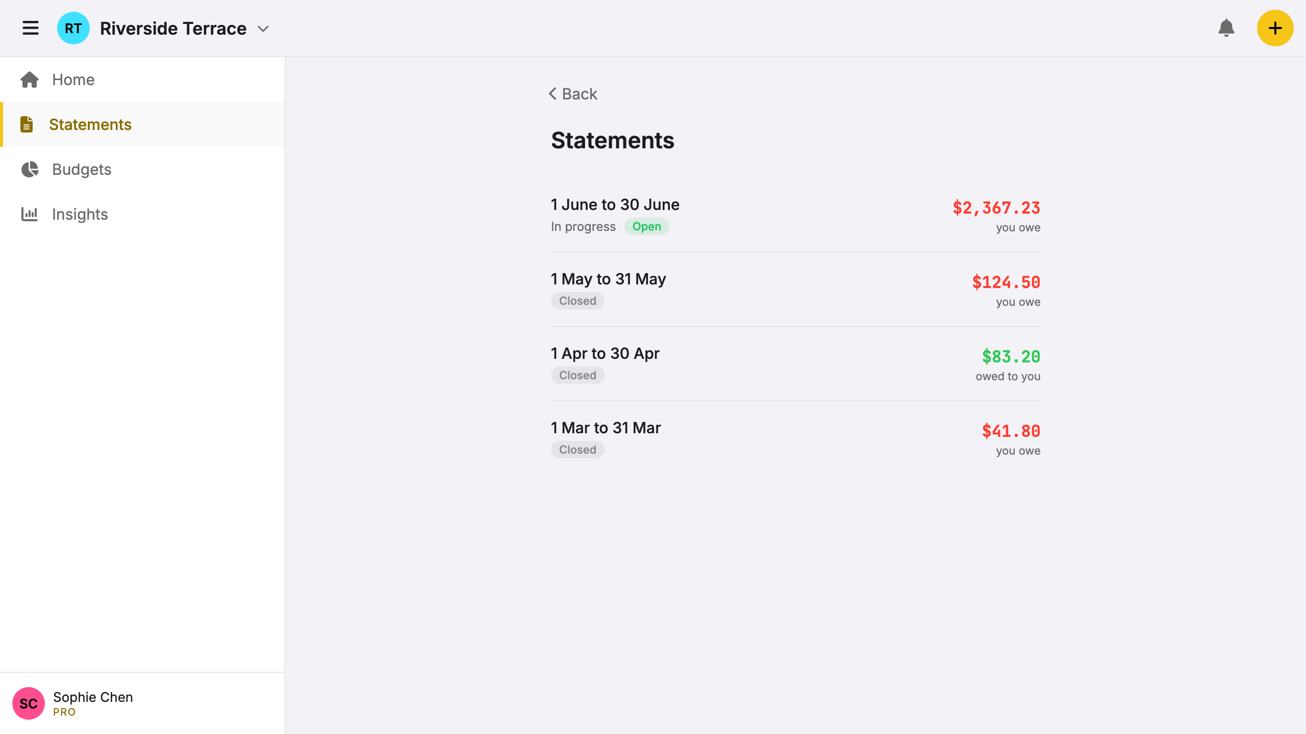 Screenshot: cycle summary showing each member's balance and a settle-up prompt.