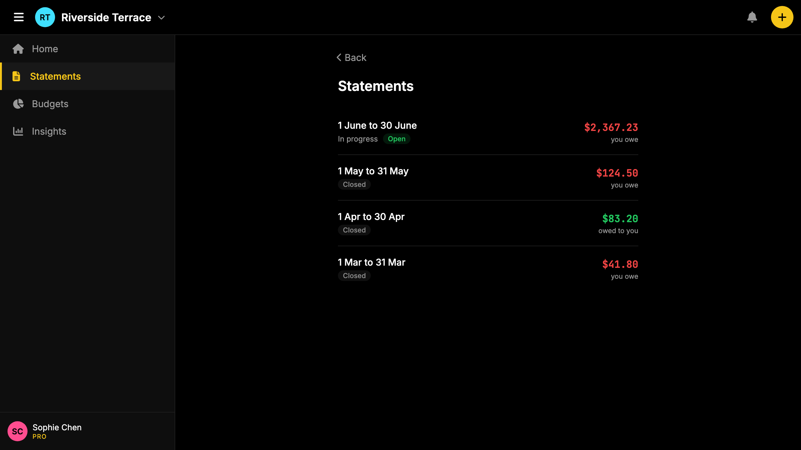 Screenshot: cycle summary showing each member's balance and a settle-up prompt.