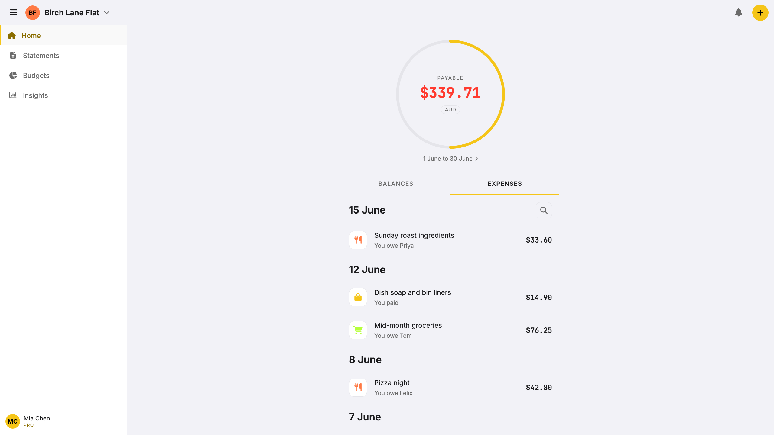 Screenshot: shared house expenses on the Home Expenses tab with rent, groceries, and takeaway logged in one cycle.