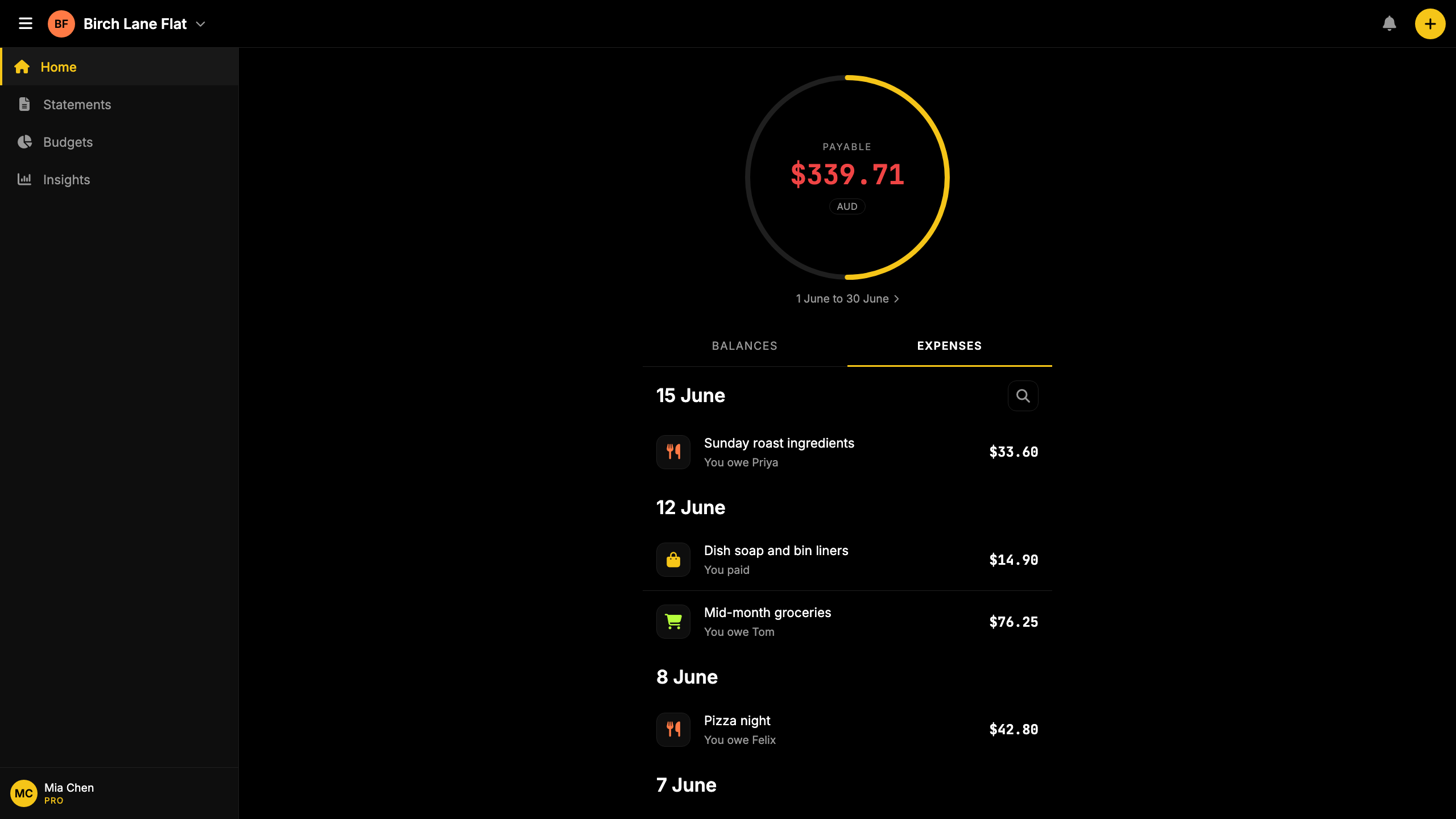 Screenshot: shared house expenses on the Home Expenses tab with rent, groceries, and takeaway logged in one cycle.