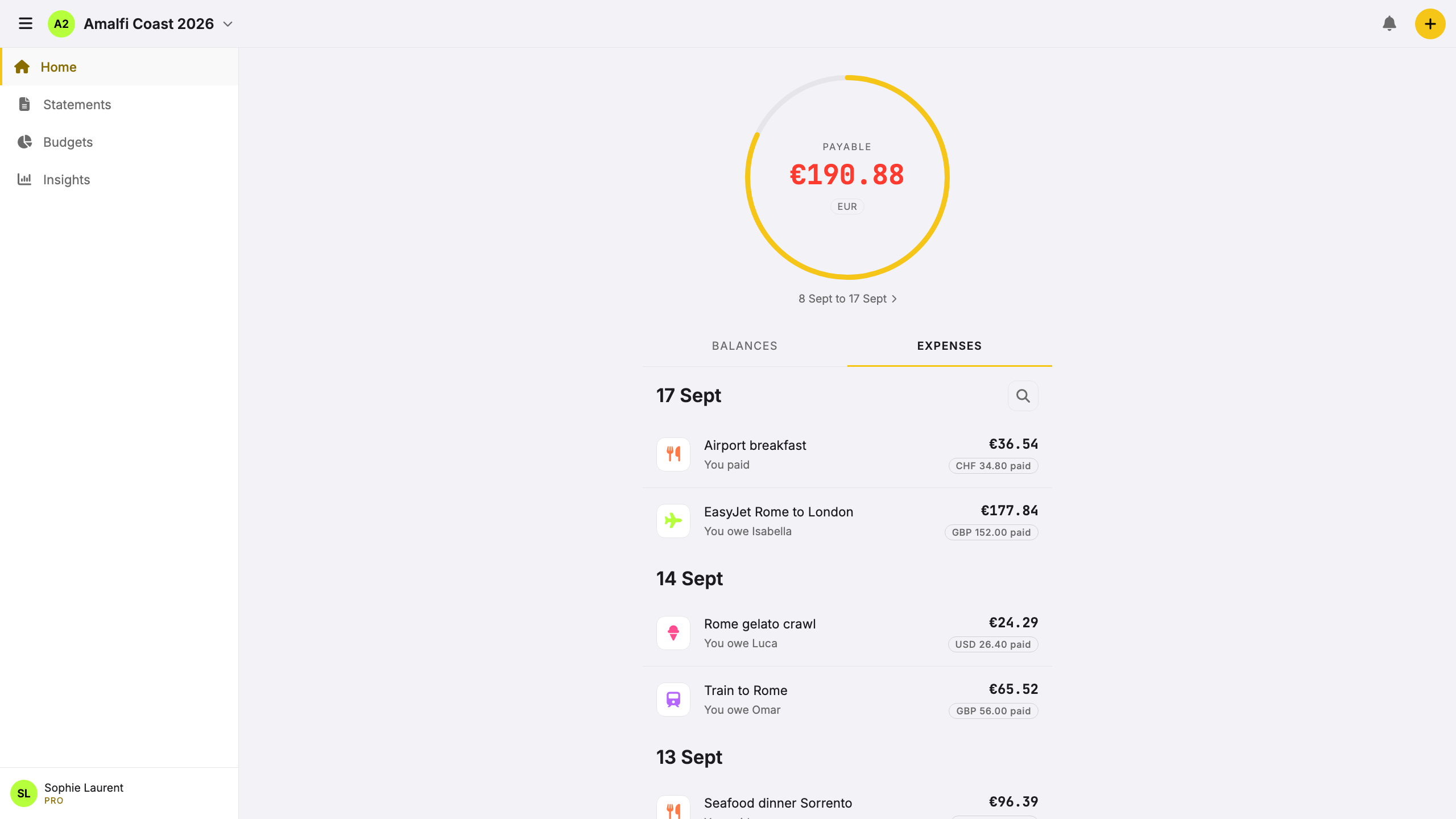 Screenshot: multi-currency trip expenses with settle-up total.
