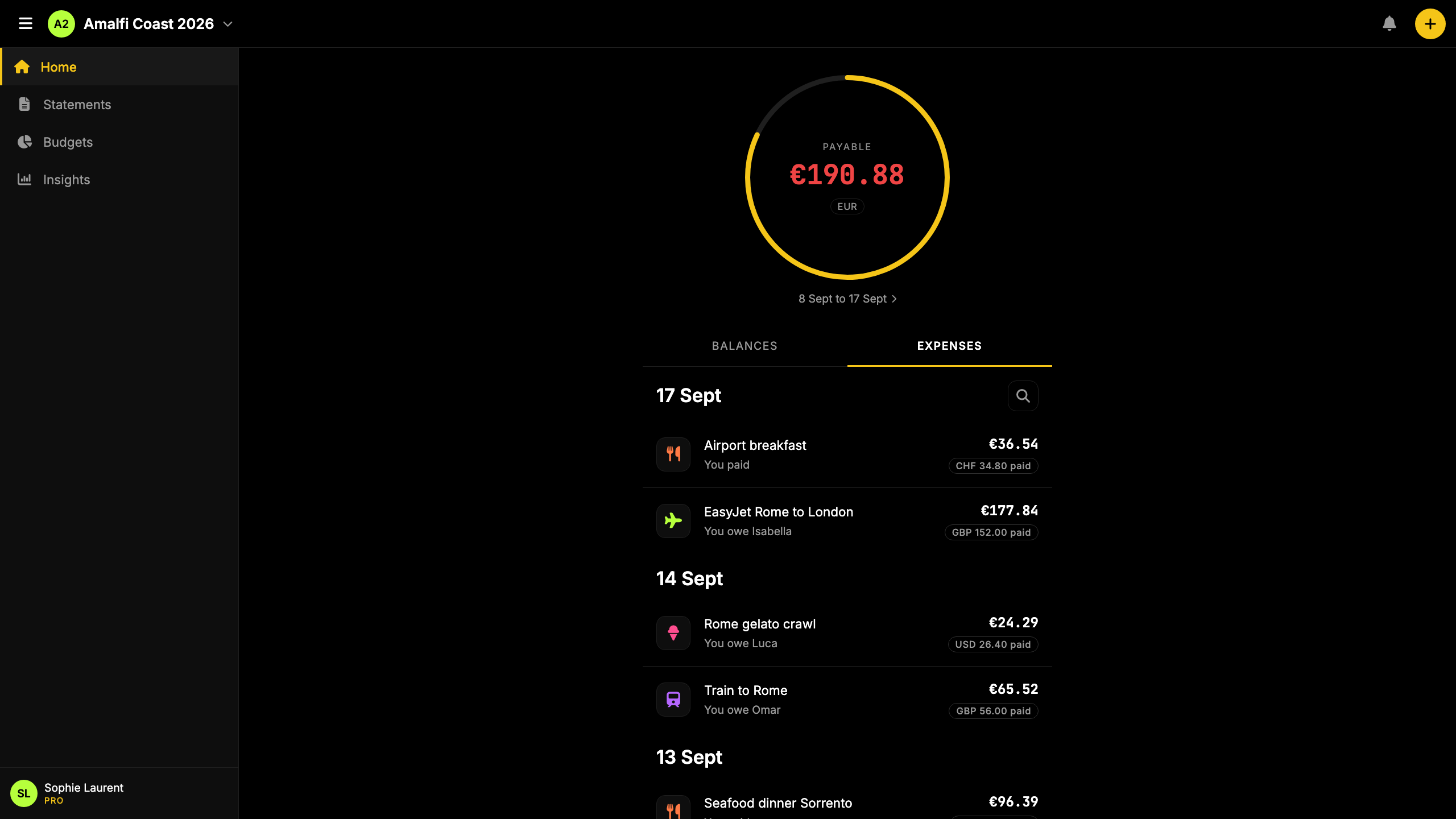 Screenshot: multi-currency trip expenses with settle-up total.