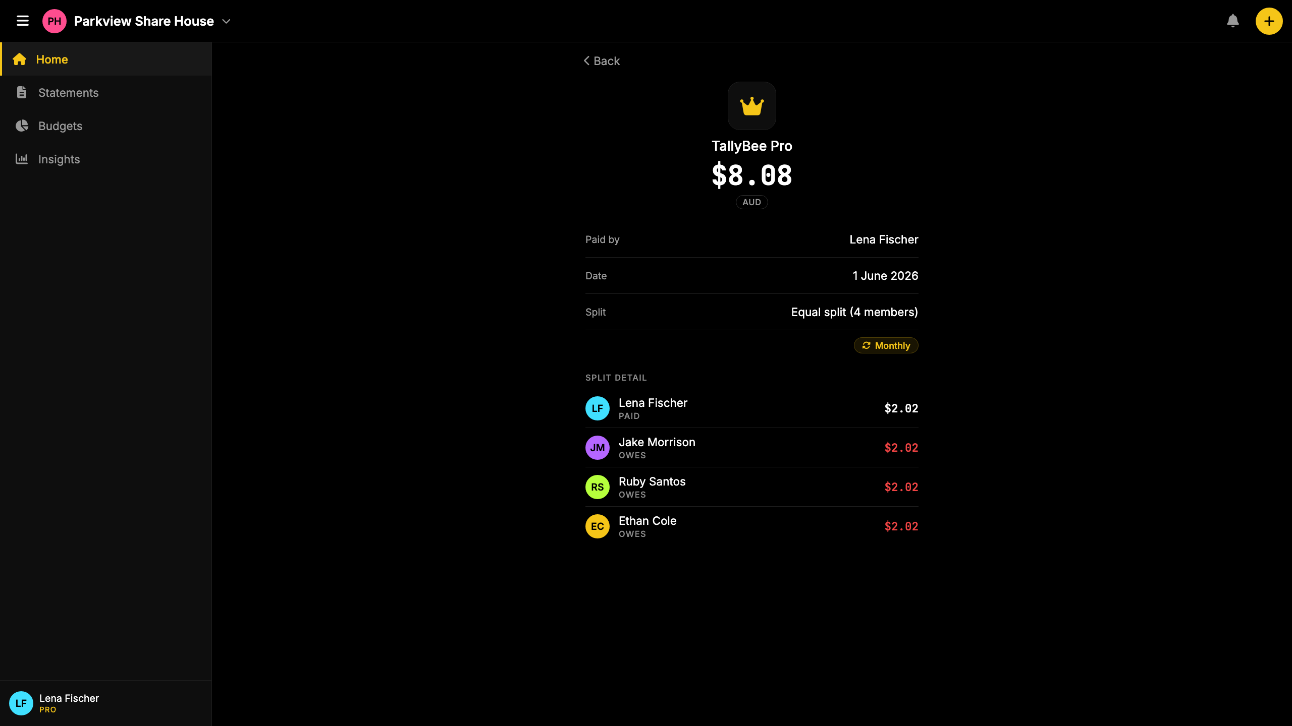 TallyBee's recurring expense screen: a monthly Pro subscription split evenly across all group members.