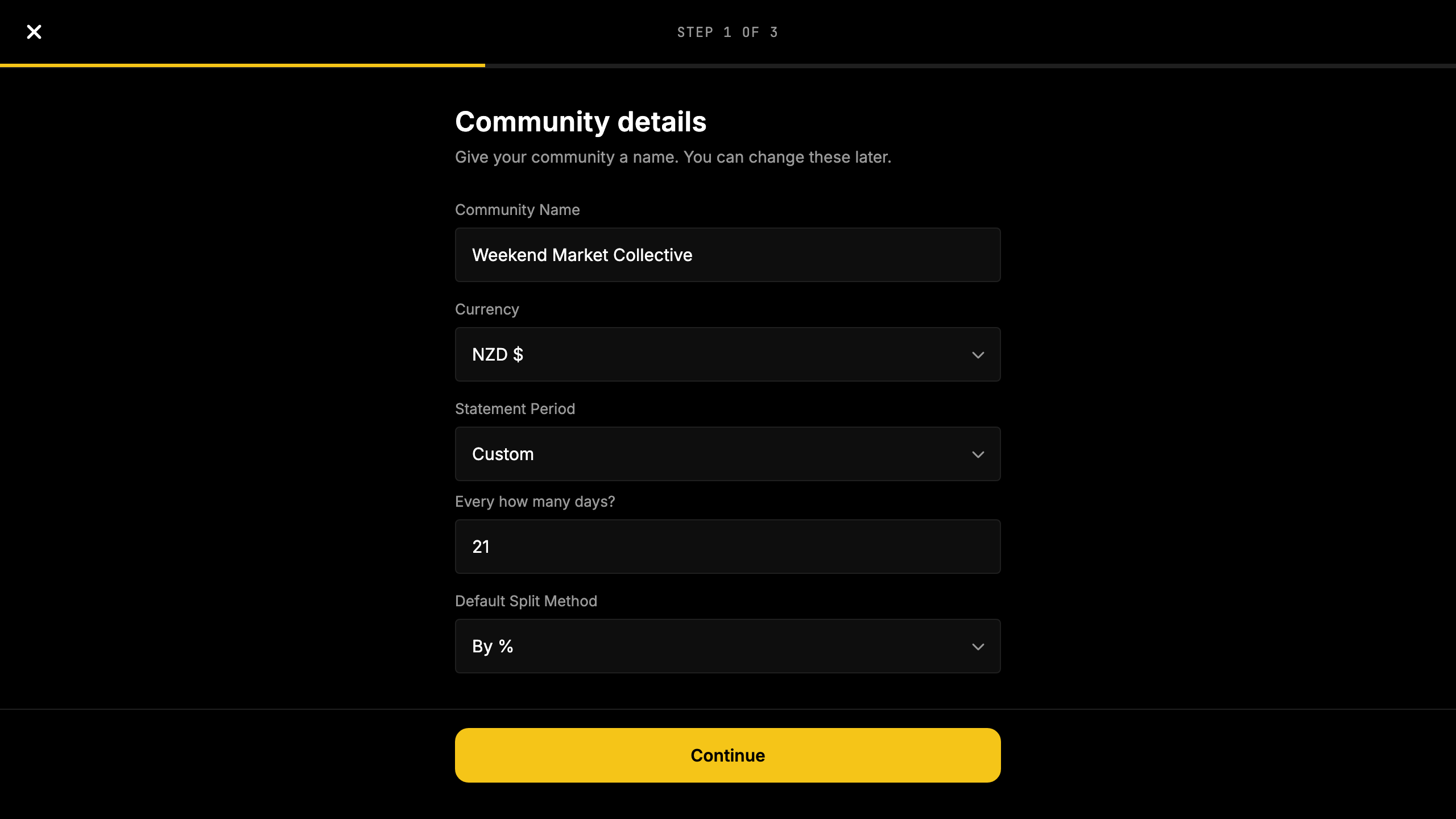 Screenshot: the circle creation screen showing custom cycle options and split method defaults.