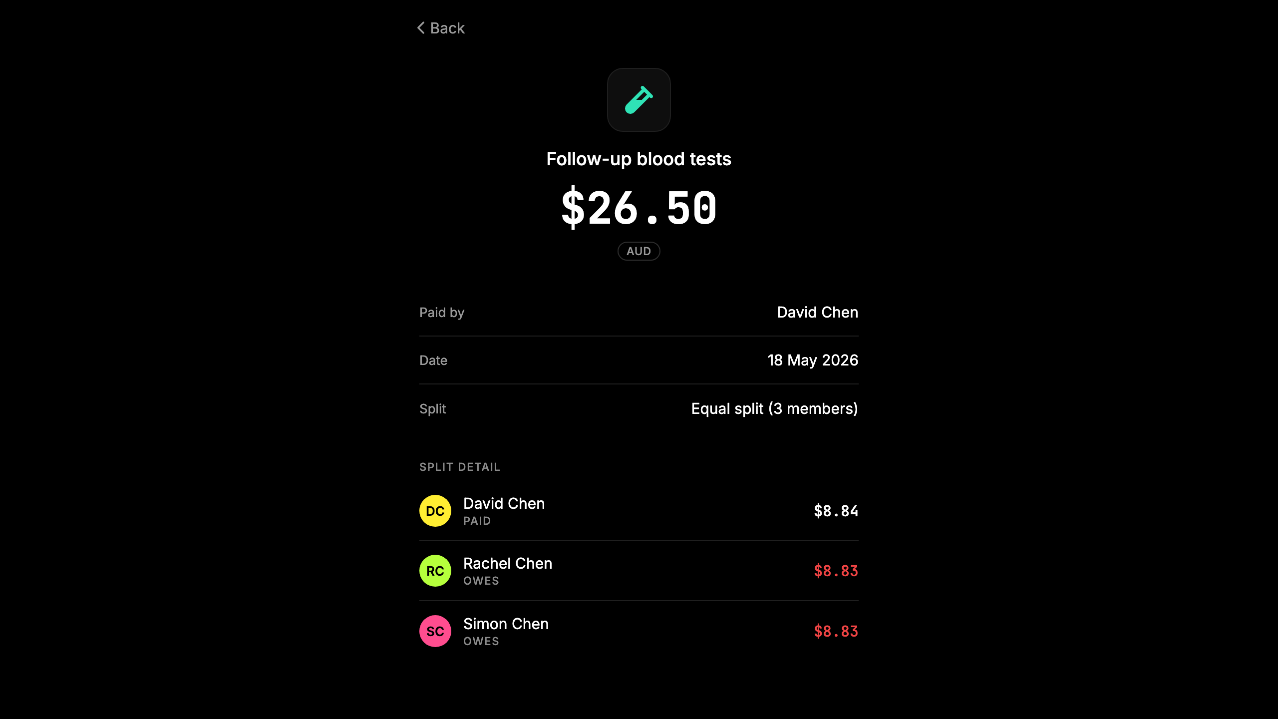 Screenshot: family group tracking medical and care costs split between 3 siblings.