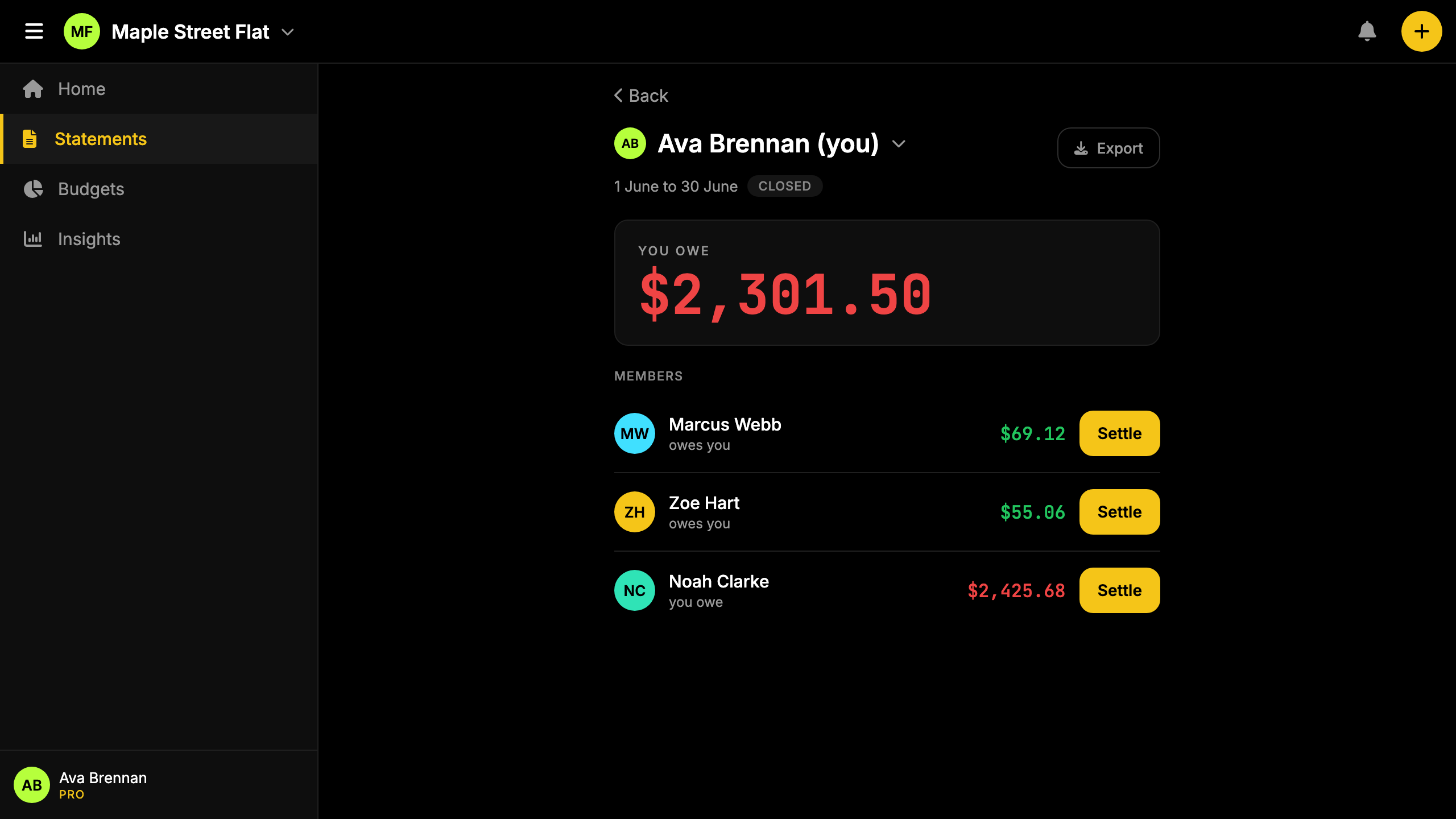 Screenshot: housemate group with rent, broadband, and grocery expenses split across 4 members.