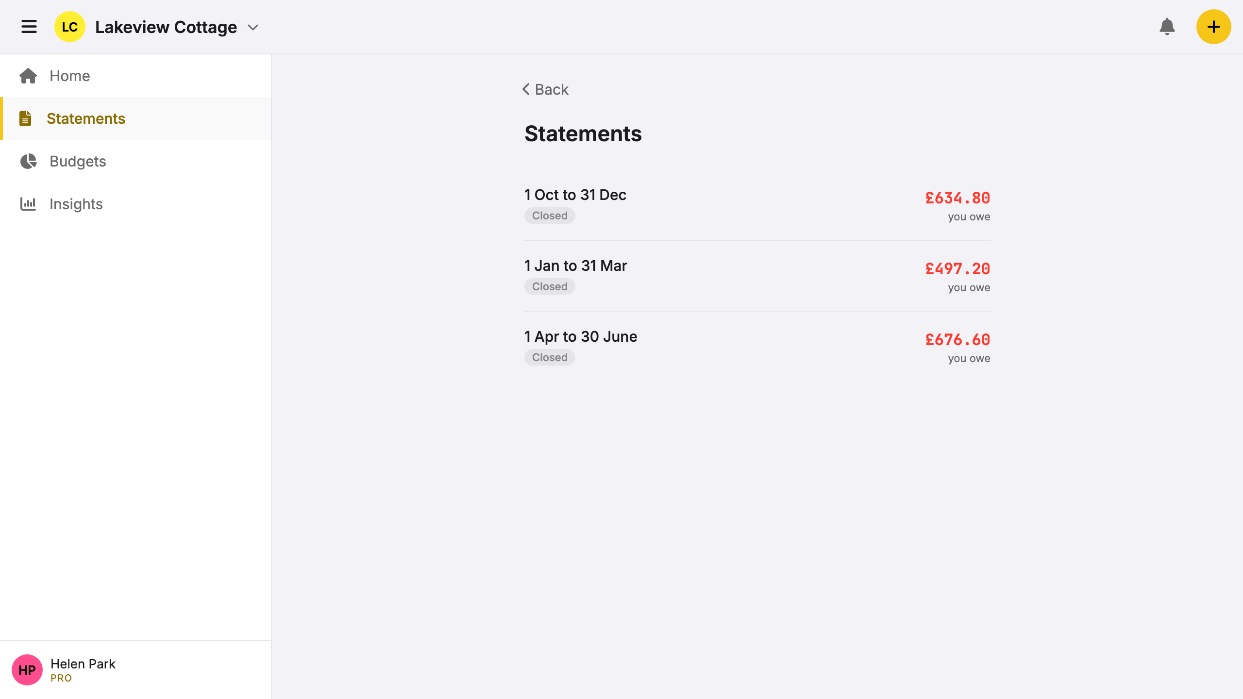 Screenshot: property expense history with quarterly settlement view.