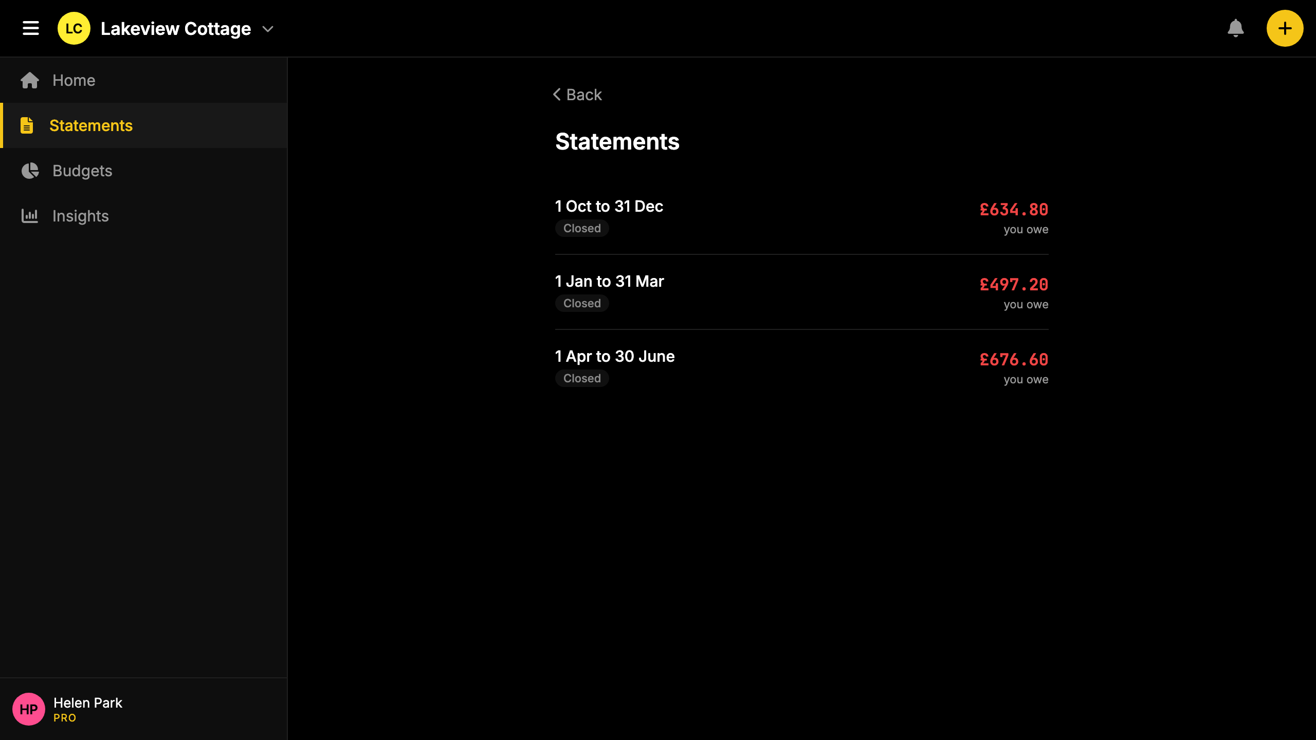 Screenshot: property expense history with quarterly settlement view.