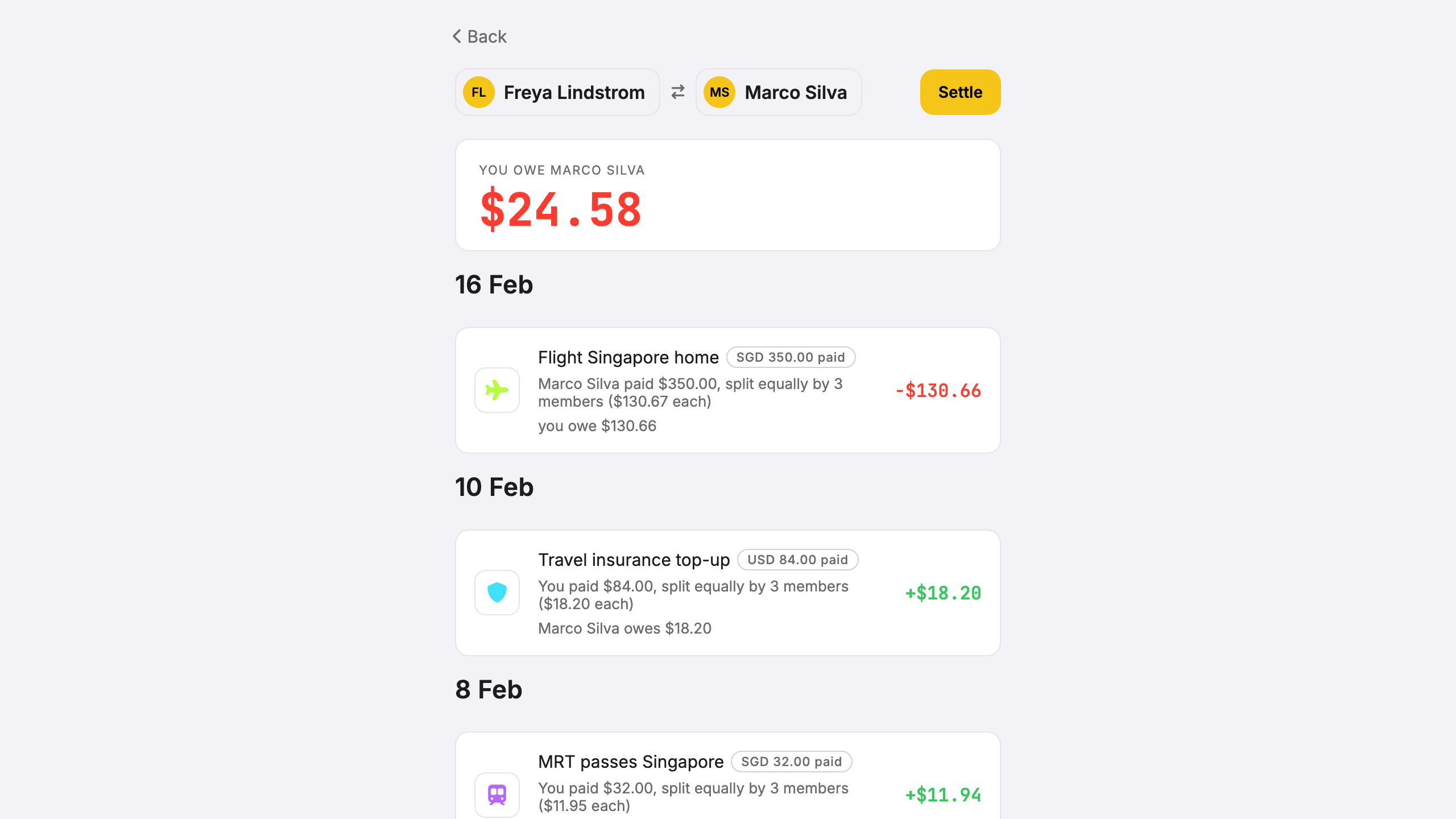 Screenshot: travel group with multi-country expenses and rolling balance.